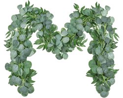Brenzoos - Kunstmatige Eucalyptus Slingers 2 Stuks - Decoratieve Wilg Bladeren - 4M Groene Bladerenslinger voor Bruiloft en Thuis - Nep Zilver Dollar Groen Garland Wijnstokken - Feestelijke Mantel Decoratie