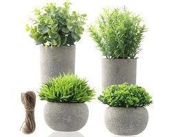 Brenzoos - Set van 4 mini kunstplanten in pot voor woonkamer, kantoor, balkon - Decoratieve plastic nepplantjes met eucalyptus en rozemarijn - Binnen en buiten decoratie