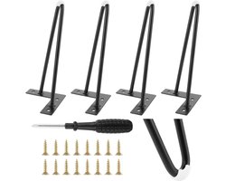 Brenzoos - Set van 4 zwarte meubelpoten, 25 cm, metalen haarpin legs, robuuste kastpoten met rubberen bescherming, haarspeld poten met schroeven, ideaal voor bureau, kast en doe-het-zelf projecten