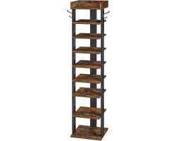 Brenzoos - Smal schoenenrek met 9 lagen in industrieel rustiek design - Verticale houten schoenenopbergorganizer met 2 haken - Voor ingang en hal - Bruin en zwart - Ruimtebesparende schoenenplank
