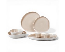 Bricard Bonnes - Porseleinen Dinner Set - Serviesset - 27-delig - 6-Persoons - Wit/Taupe - Japandi