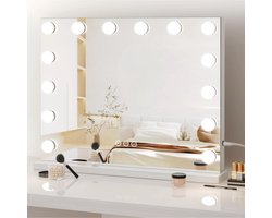 Bright Beauty® Make-up Spiegel met Verlichting – Hollywood Spiegel – 50×42 cm – 14 LED Lampen – 3 Lichtkleuren – Dimbaar – Smart Touch – USB Oplaadpoort – Wit