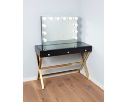 Bright Beauty® Make-up tafel met Verlichting – Hollywood kaptafel – 12 LED Lampen – 3 Lichtkleuren – Dimbaar – Smart Touch – Zwart en goud