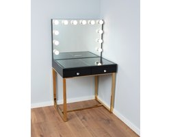 Bright Beauty® Make-up tafel met Verlichting – Hollywood kaptafel – 12 LED Lampen – 3 Lichtkleuren – Dimbaar – Smart Touch – Zwart en goud