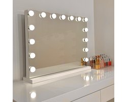 Bright Beauty® Make-upspiegel met Verlichting - Hollywood Spiegel - 58 x 46 cm - 15 LED-Lampen - 3 Lichtkleuren - Dimbaar - Smart Touch - USB-Oplaadpoort - Wit