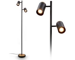 BRILONER ERA - Vloerlamp met 2 lichts – GU10 fitting – zwenkbaar – staande lamp met schakelkabel – zwart en hout – 26x26x159,5 cm