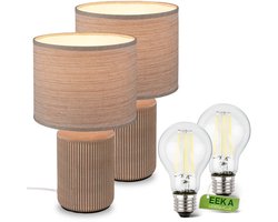 BRILONER INO - Set van 2 - Tafellamp met lichtbron - met stoffen kap & keramik voet - bedlamp slaapkamer - Ø22 x 37,5 cm - bruin
