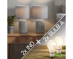 BRILONER INO - Set van 2 - Tafellamp met lichtbron - met stoffen kap & keramik voet - bedlamp slaapkamer - Ø22 x 37,5 cm - grijs
