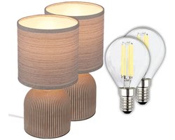 BRILONER Ino - Set van 2 Tafellampen incl. lampen - met stoffen kap & keramiek voet - bedlamp slaapkamer incl. verlichting - h: 28 cm - bruin