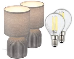 BRILONER INO - Set van 2 Tafellampen incl. lampen - met stoffen kap & keramiek voet - bedlamp slaapkamer incl. verlichting - Ø15cm x 28 cm - grijs