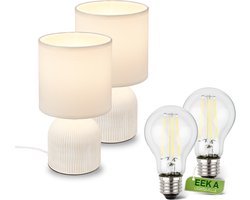 BRILONER Ino - Set van 2 Tafellampen incl. led lampen - met stoffen kap & keramiek voet - bedlamp slaapkamer incl. verlichting - h: 28 cm - wit