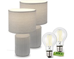 BRILONER Ino - Set van 2 Tafellampen incl. led lampen - met stoffen kap & keramik voet - bedlamp slaapkamer - h: 37.5 cm - grijs