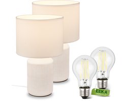 BRILONER Ino - Set van 2 Tafellampen incl. led lampen - met stoffen kap & keramik voet - bedlamp slaapkamer - h: 37.5 cm - wit