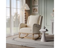 BRILVERDE Scandinavian Rocking Chair with Side Compartments and Base Made of Solid Wood for Living Room, Balcony, Reading and Relaxation Area, Beige, Linen and Sponge, Ergonomic and Armrests
