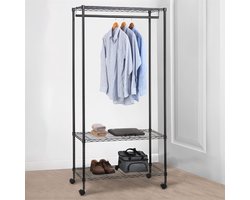 BRINDISI garderobekast met drie legplanken en kledingroede - Zwart gelakt met gebruiksvoorbeeld