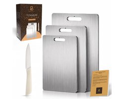 BRINSIC® Snijplanken Set Titanium Gestabiliseerd RVS – 3 Delige Snijplankenset met Mes – Voedselveilig 304 Roestvrij Staal – Vaatwasserbestendig – Keuken Snijplanken Set + GRATIS E-BOOK