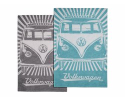 BRISA VW Collection - Volkswagen Bulli T1 Bus theedoek, set van 2 keukendoeken, droogdoeken, wasbaar op 60 graden, duurzaam, pluisvrij, Öko-TEX 100, 70 x 50 cm, 60% linnen 40% katoen - Petrol/Zwart