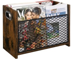 Brisbane Tijdschriftenhouder - tijdschriftenrek - bureau organizer - krantenbak mesh en hout - Lectuurbak voor desktop en thuiskantoor - Bruin Zwart - 22X41X30 cm