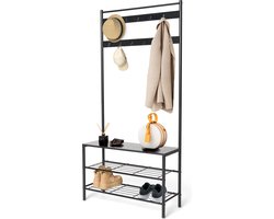 Brixy Kapstok Met Schoenenrek - Staande Kapstok - 85x32x175CM - Garderoberek - Incl. Zitbank - 11 Haken - Zwart