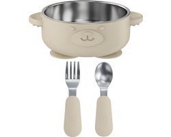 Broemba RVS Baby Bord met zuignap + Baby Bestek - 100% BPA-vrij Kinderservies - Kommetje met Lepel en Vork - Beige Baby Servies