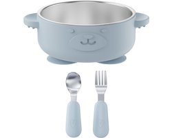 Broemba RVS Baby Bord met zuignap + Baby Bestek - 100% BPA-vrij Kinderservies - Kommetje met Lepel en Vork - Blauw Baby Servies
