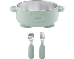 Broemba RVS Baby Bord met zuignap + Baby Bestek - 100% BPA-vrij Kinderservies - Kommetje met Lepel en Vork - Groen Baby Servies