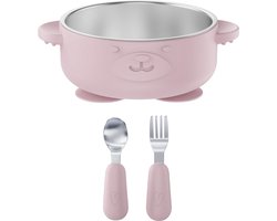 Broemba RVS Baby Bord met zuignap + Baby Bestek - 100% BPA-vrij Kinderservies - Kommetje met Lepel en Vork - Roze Baby Servies