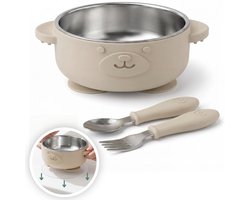 Broemba RVS Baby Bord met Zuignap & Bestek - Kommetje met Babylepel en Vork & 3 zuignap stickers - BPA-vrij Babyservies - Beige