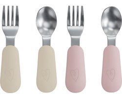 Broemba RVS Kinderbestek - Set van 4 stuks - 2x Baby Lepel & Baby Vork - 100% BPA-vrij Babybestek - Lepeltjes en Vorkjes - Beige / Roze Peuterbestek