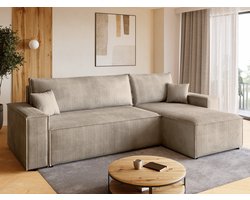 BROMARKT Hoekbank met Slaapfunctie ADI L – 244x143x85cm – Beige Corduroy Ribstof - L-vormige Slaapbank - Bankstel Vrijstaand - Bed met Hoeshouder