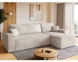BROMARKT Hoekbank met Slaapfunctie ADI L – 244x143x85cm – Vanille Corduroy Ribstof - L-vormige Slaapbank - Bankstel Vrijstaand - Bed met Hoeshouder