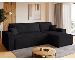BROMARKT Hoekbank met Slaapfunctie ADI L – 244x143x85cm – Zwart Corduroy Ribstof - L-vormige Slaapbank - Bankstel Vrijstaand - Bed met Hoeshouder