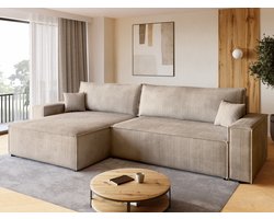 BROMARKT Hoekbank met Slaapfunctie ADI XL – 272x143x85cm – Beige Corduroy Ribstof - L-vormige Slaapbank - Bankstel Vrijstaand - Bed met Hoeshouder