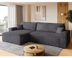 BROMARKT Hoekbank met Slaapfunctie ADI XL – 272x143x85cm – Grijs Corduroy Ribstof - L-vormige Slaapbank - Bankstel Vrijstaand - Bed met Hoeshouder