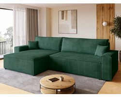 BROMARKT Hoekbank met Slaapfunctie ADI XL – 272x143x85cm – Groente Corduroy Ribstof - L-vormige Slaapbank - Bankstel Vrijstaand - Bed met Hoeshouder