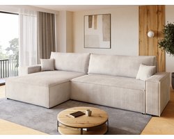 BROMARKT Hoekbank met Slaapfunctie ADI XL – 272x143x85cm – Vanille Corduroy Ribstof - L-vormige Slaapbank - Bankstel Vrijstaand - Bed met Hoeshouder