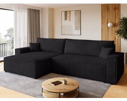 BROMARKT Hoekbank met Slaapfunctie ADI XL – 272x143x85cm – Zwart Corduroy Ribstof - L-vormige Slaapbank - Bankstel Vrijstaand - Bed met Hoeshouder