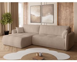 BROMARKT Hoekbank met Slaapfunctie CLAUDIO - 263x150x85cm – Melkkoffie Boucle Stof - L-vormige Slaapbank - Bankstel Vrijstaand - Bed met Hoeshouder