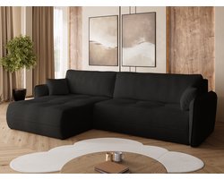 BROMARKT Hoekbank met Slaapfunctie CLAUDIO - 263x150x85cm – Zwart Boucle Stof - L-vormige Slaapbank - Bankstel Vrijstaand - Bed met Hoeshouder