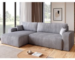 BROMARKT Hoekbank met Slaapfunctie PUMI XL – 274x148x82cm – Lichtgrijs Corduroy Ribstof - L-vormige Slaapbank - Bankstel Vrijstaand - Bed met Hoeshouder