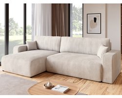 BROMARKT Hoekbank met Slaapfunctie PUMI XL – 274x148x82cm – Vanille Corduroy Ribstof - L-vormige Slaapbank - Bankstel Vrijstaand - Bed met Hoeshouder