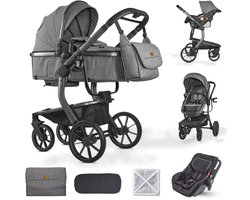 BRONEA® UNICO Design kinderwagen 3-in-1 set - Eénhand-inklap-mechanisme | incl. autostoeltje en matras voor de reiswieg | Ook als buggy te gebruiken | Eénhand-Inklapbaar met luiertas, regenhoes, muggennet en zonnekap - Grey/Grey