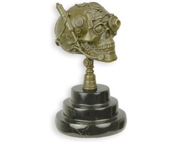 Brons Steampunk Schedel Beeld – Beelden & Sculpturen – steampunk schedel decoratie brons – Met gedetailleerde tandwielen – Op zware sokkel – Industriële woonstijl – H19,1 cm – Brons/Zwart