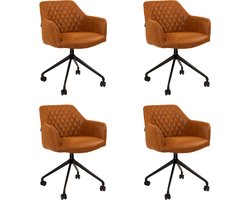 Bronx71® Eetkamerstoel met wieltjes Levi cognac eco-leer - Eetkamerstoelen set van 4 - stoel