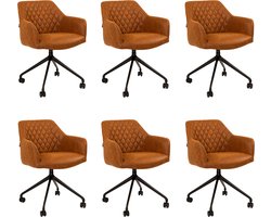 Bronx71® Eetkamerstoel met wieltjes Levi cognac eco-leer - Eetkamerstoelen set van 6 - stoel