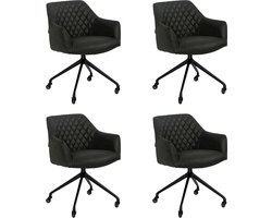 Bronx71® Eetkamerstoel met wieltjes Levi zwart eco-leer - Eetkamerstoelen set van 4 - stoel