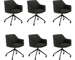 Bronx71® Eetkamerstoel met wieltjes Levi zwart eco-leer - Eetkamerstoelen set van 6 - stoel