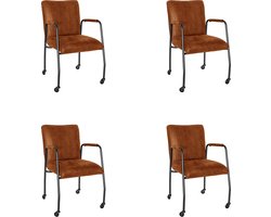Bronx71® Eetkamerstoel met wieltjes Mila eco-leer cognac - Eetkamerstoelen set van 4 - stoel