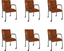 Bronx71® Eetkamerstoel met wieltjes Mila eco-leer cognac - Eetkamerstoelen set van 6 - stoel