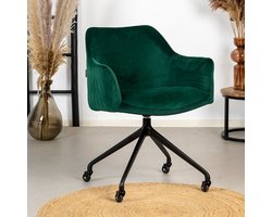 Bronx71® Eetkamerstoel met wieltjes Quinn donkergroen velvet - stoel